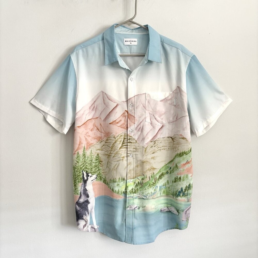 Mavrans Short Sleeve Polo Button Down Shirt Scenic Mountain and Wolf Men’s Sz XL